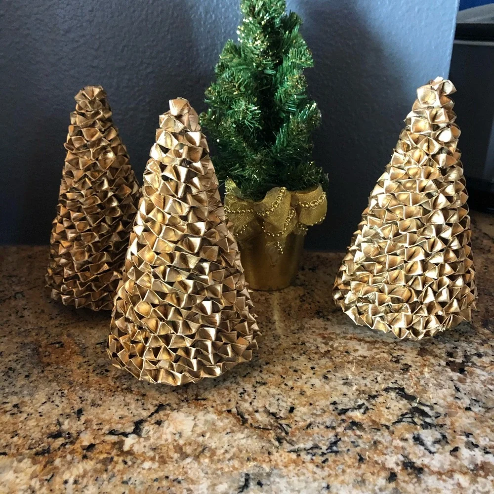 Crate& Barrel Christmas gold trees NWT and small evergreen tree